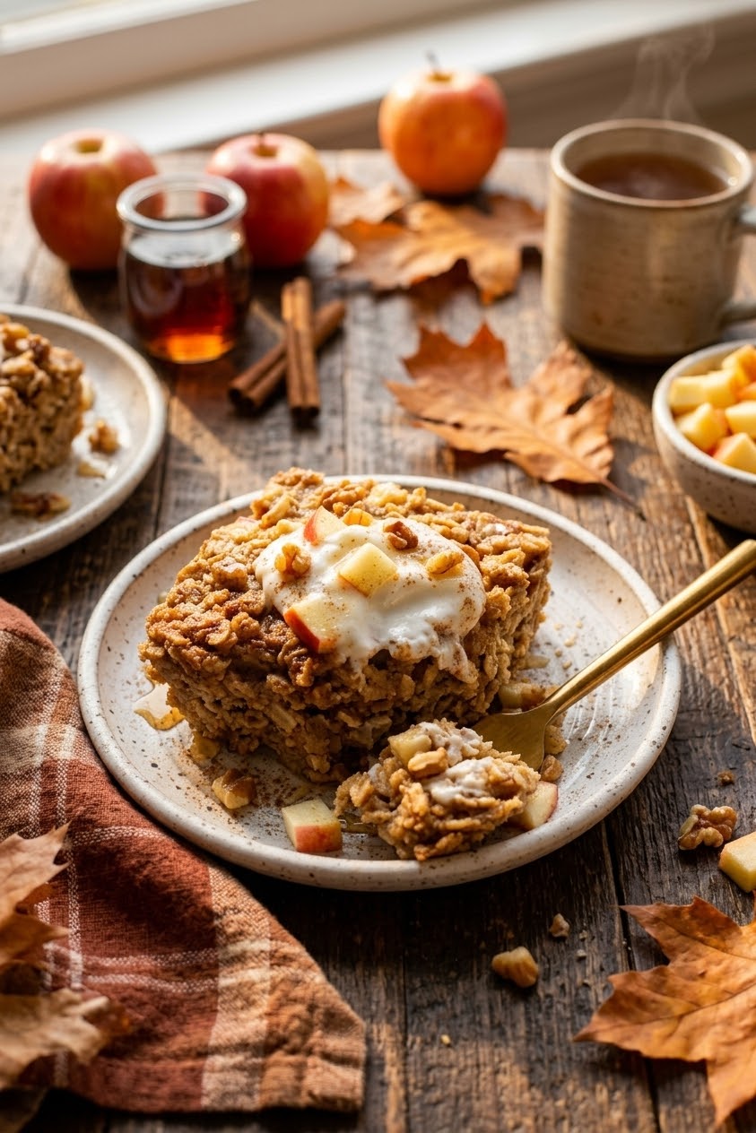 Baked apple oatmeal on a plate with apples and autumn leaves