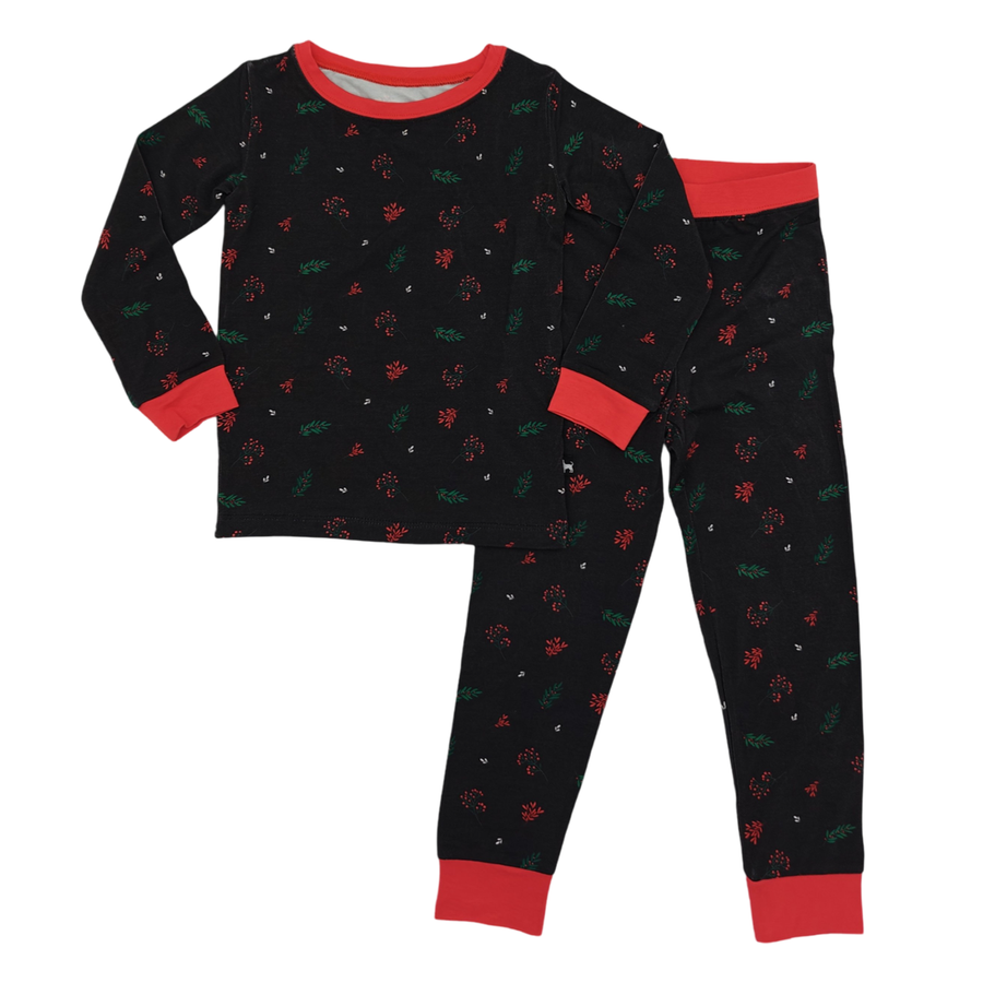 Winter Holly Midnight bamboo kids pajamas